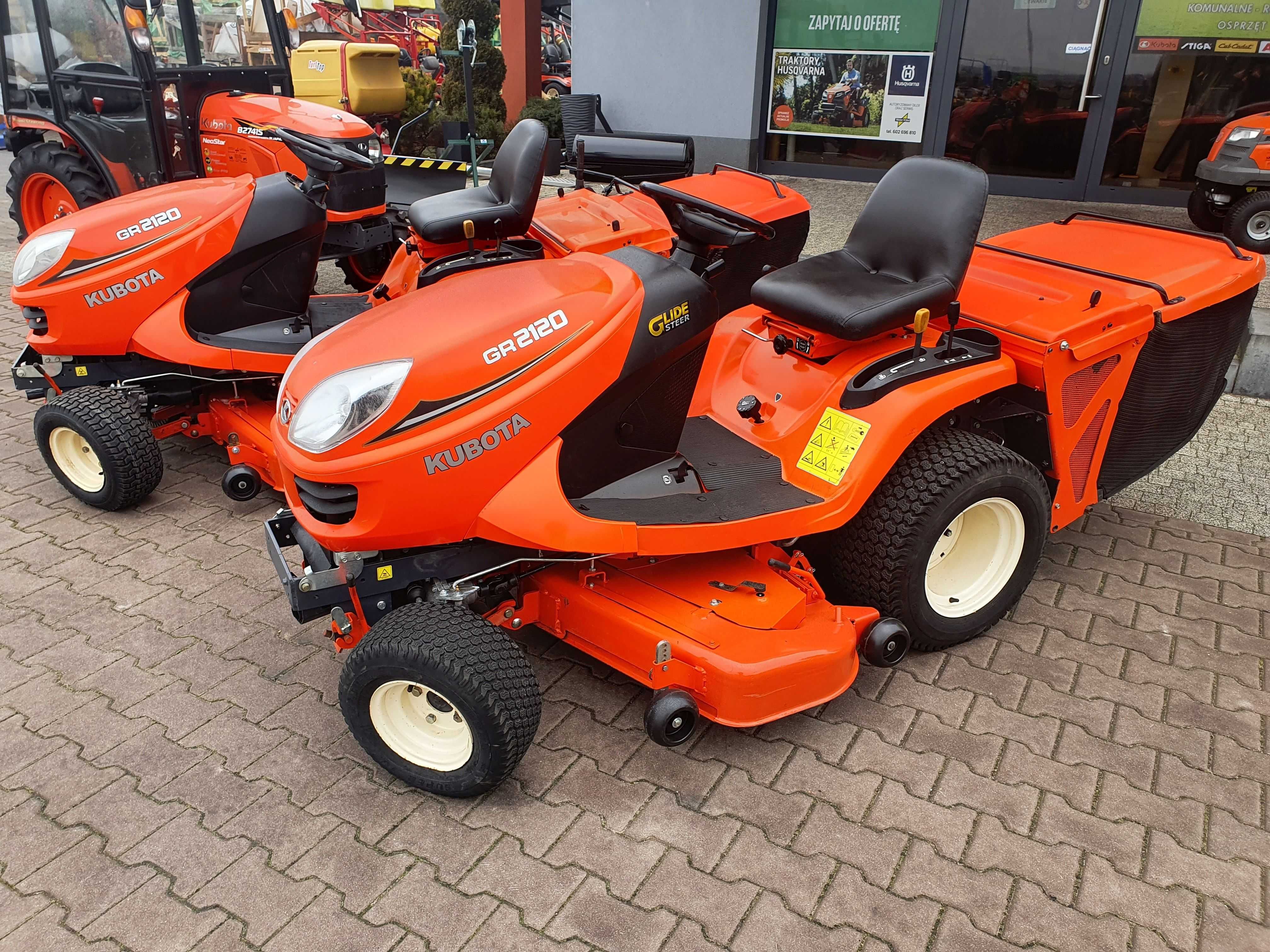 Kosiarka traktor ogrodowy na duże powierzchnie Kubota GR2120 diesel 21KM 3-cylindry, wspomaganie, hydraulika, 4x4, kosz 450L, agregat 122 cm, wałek
